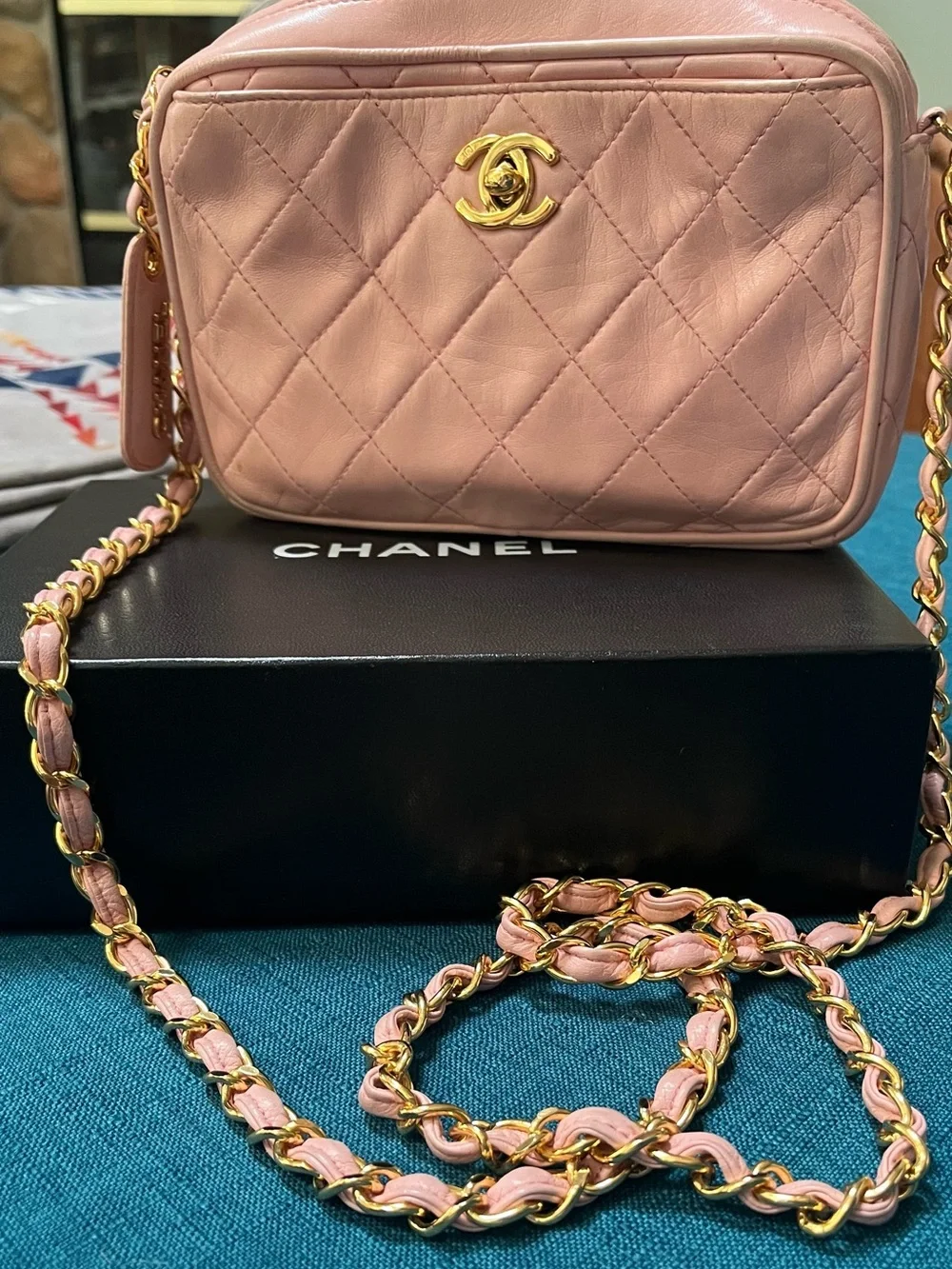 CHANEL Pink Quilted Leather Crossbody with Gold Chain
